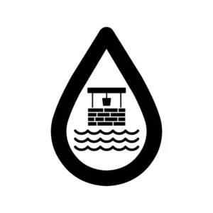 Grafika usługi badania wody ze studni kopanej lub głębinowej przedstawia kroplę wody, w której jest kamienna studnia.
