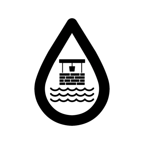 Grafika usługi badania wody ze studni kopanej lub głębinowej przedstawia kroplę wody, w której jest kamienna studnia.