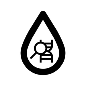 Grafika usługi mikrobiologicznego badania wody przedstawia kroplę wody, w której znajduje się lupa i struktura DNA.