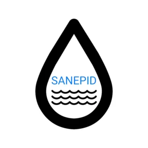 Grafika usługi badania wody do Inspekcji Sanitarnej przedstawia kroplę wody, w której jest napis "SANEPID".