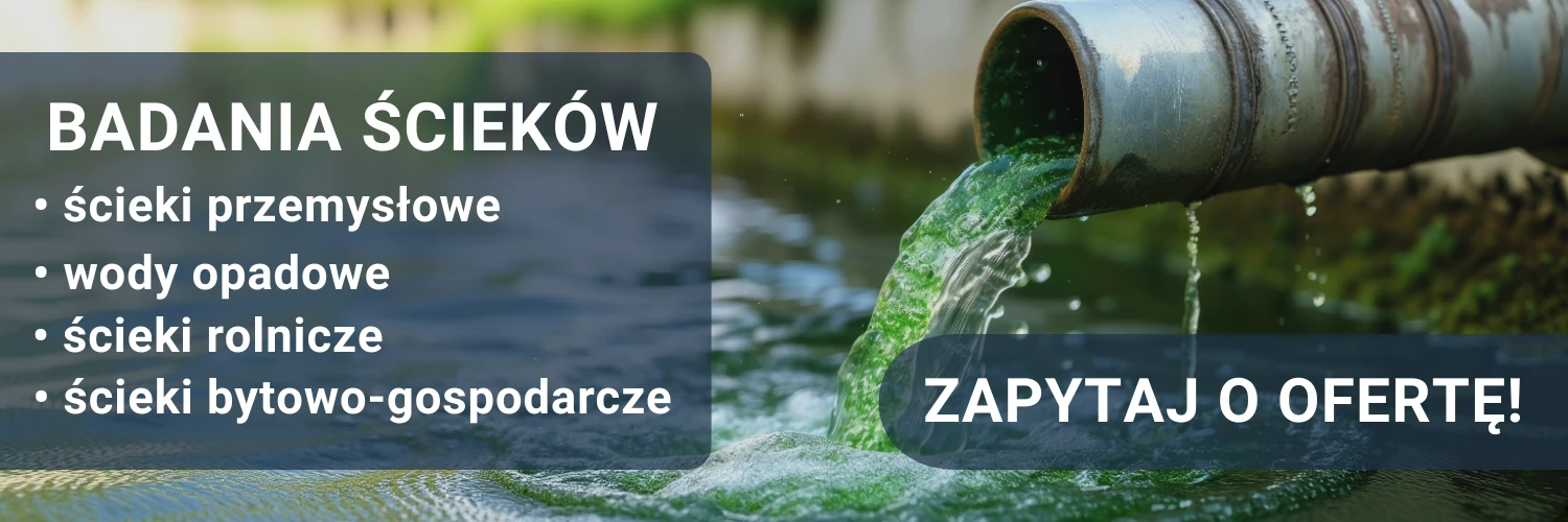 Baner mobile dotyczący badania ścieków. Na zdjęciu jest tekst CTA oraz rura odprowadzająca ciecz do środowiska wodnego.
