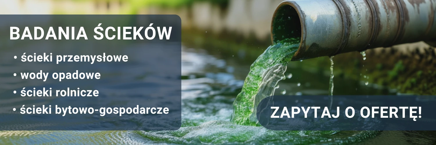 Baner dotyczący badania ścieków. Na zdjęciu jest tekst CTA oraz rura odprowadzająca ciecz do środowiska wodnego.