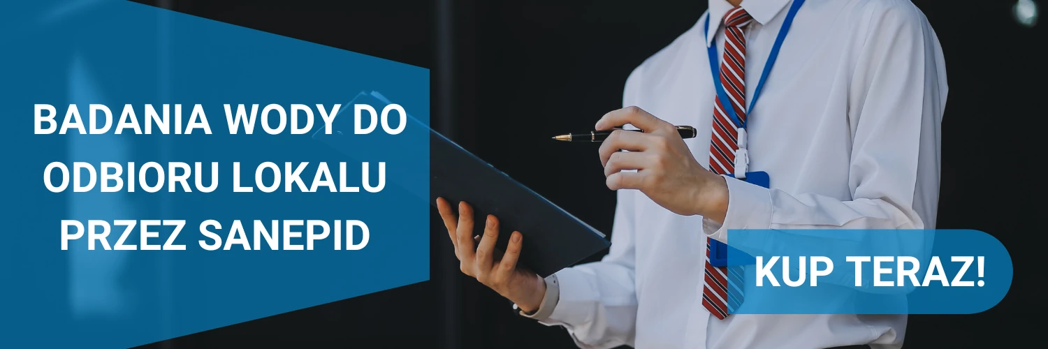 Baner dotyczący badania wody do odbioru lokalu przez Inspekcję Sanitarną (SANEPID). Na zdjęciu jest tekst CTA.