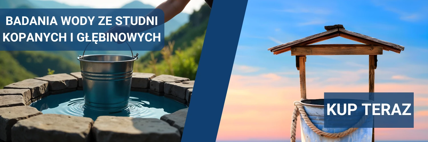 Baner mobile dotyczący badania wody ze studni kopanych i głębinowych. Na zdjęciu widoczna jest studnia kopana i głębinowa.