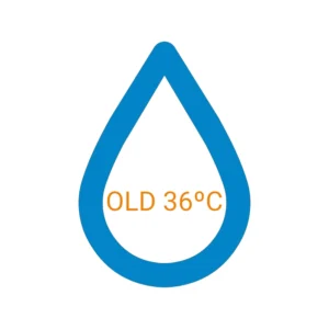 Grafika usługi badania wody basenowej przedstawia symbol kropli wody, w której znajduje się napis "OLD 36°C".