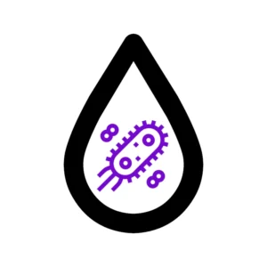 Grafika usługi mikrobiologicznego badania wody przedstawia kroplę wody, w której jest się bakteria enterokoka kałowego.