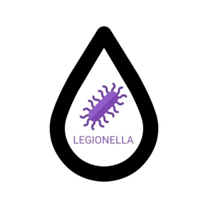 Grafika usługi i kategorii badań ciepłej wody użytkowej (CWU) przedstawia kroplę wody, w której jest bakteria Legionella.
