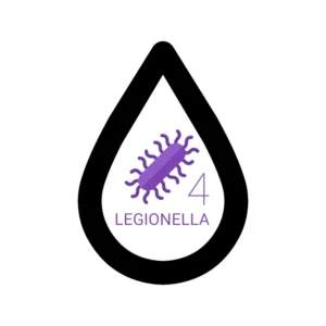 Grafika usługi badania ciepłej wody użytkowej (CWU) przedstawia kroplę wody, w której są 4 bakterie Legionella sp.