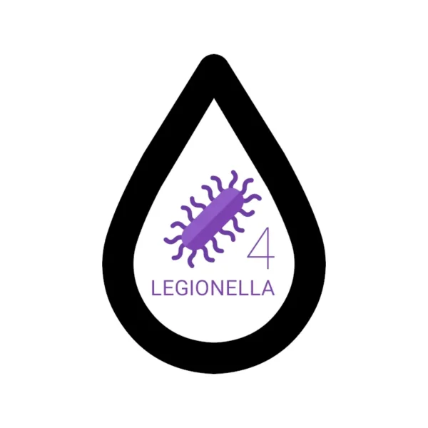 Grafika usługi badania ciepłej wody użytkowej (CWU) przedstawia kroplę wody, w której są 4 bakterie Legionella sp.